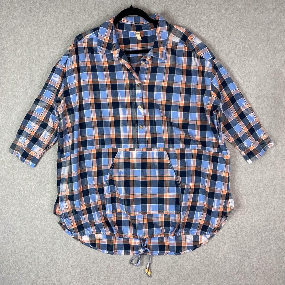 Anthropologie Pilcro Womens L Plaid Henley Tunic 3/4 Sleeve Oversized